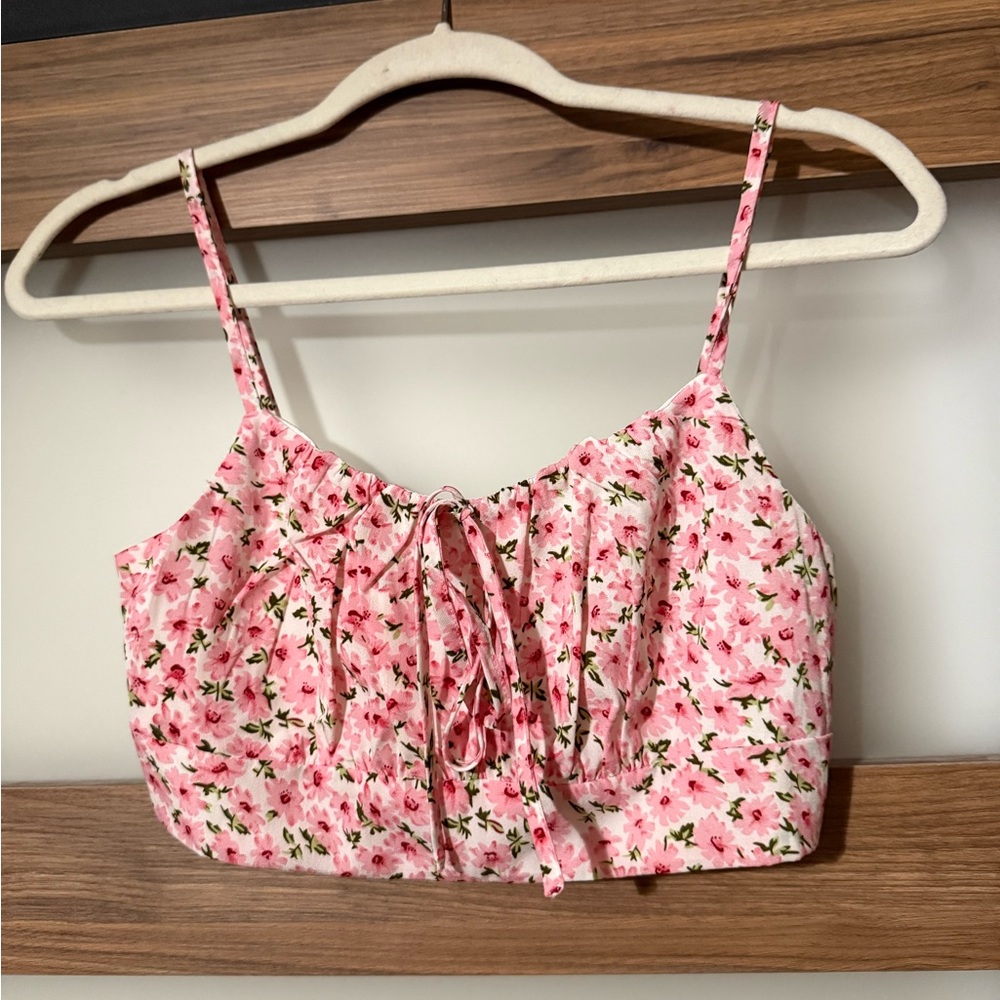 Pink Floral Tie-Front Cropped Cami Top